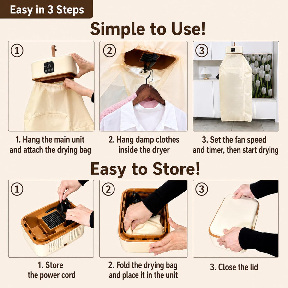 Portable Clothes Dryer【Safe Quiet Fast & 1-Year Free Replacement】Upgraded Mini Dryer with Adjustable Timer, Drying Machine for Apartment, RV, Travel, Dorm(Khaki)
